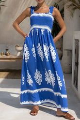 Printed Square Neck Cami Dress Blue OutfitFlow
